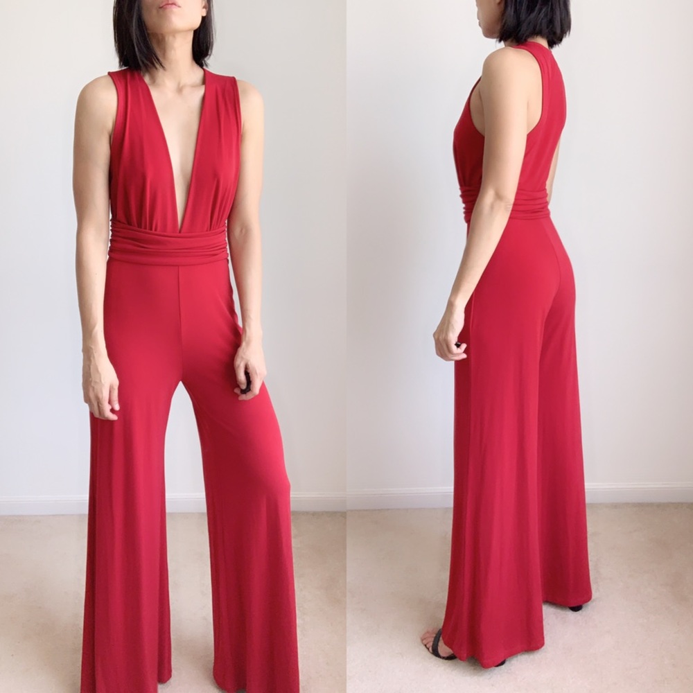 Deep V  Neckline Jumpsuit RED - Picture 4 of 7